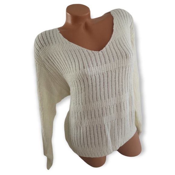 Long Sleeve V-Neck Open Knit Pullover Sweater off-white - Picture 2 of 12